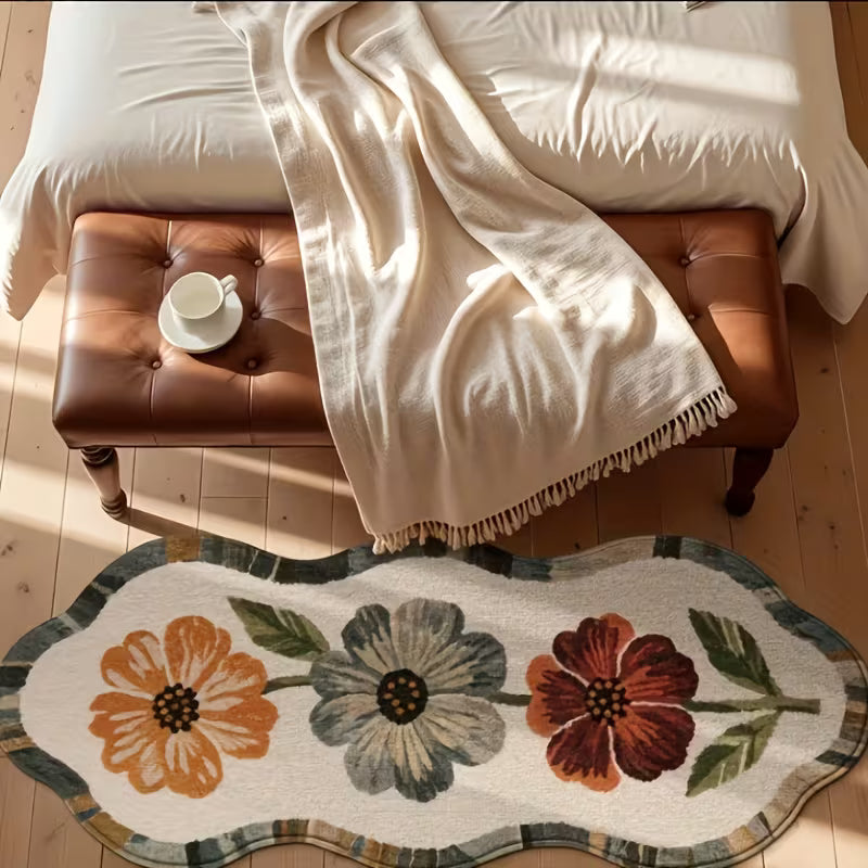 Tapete de Camurça Floral Antiderrapante Lavável